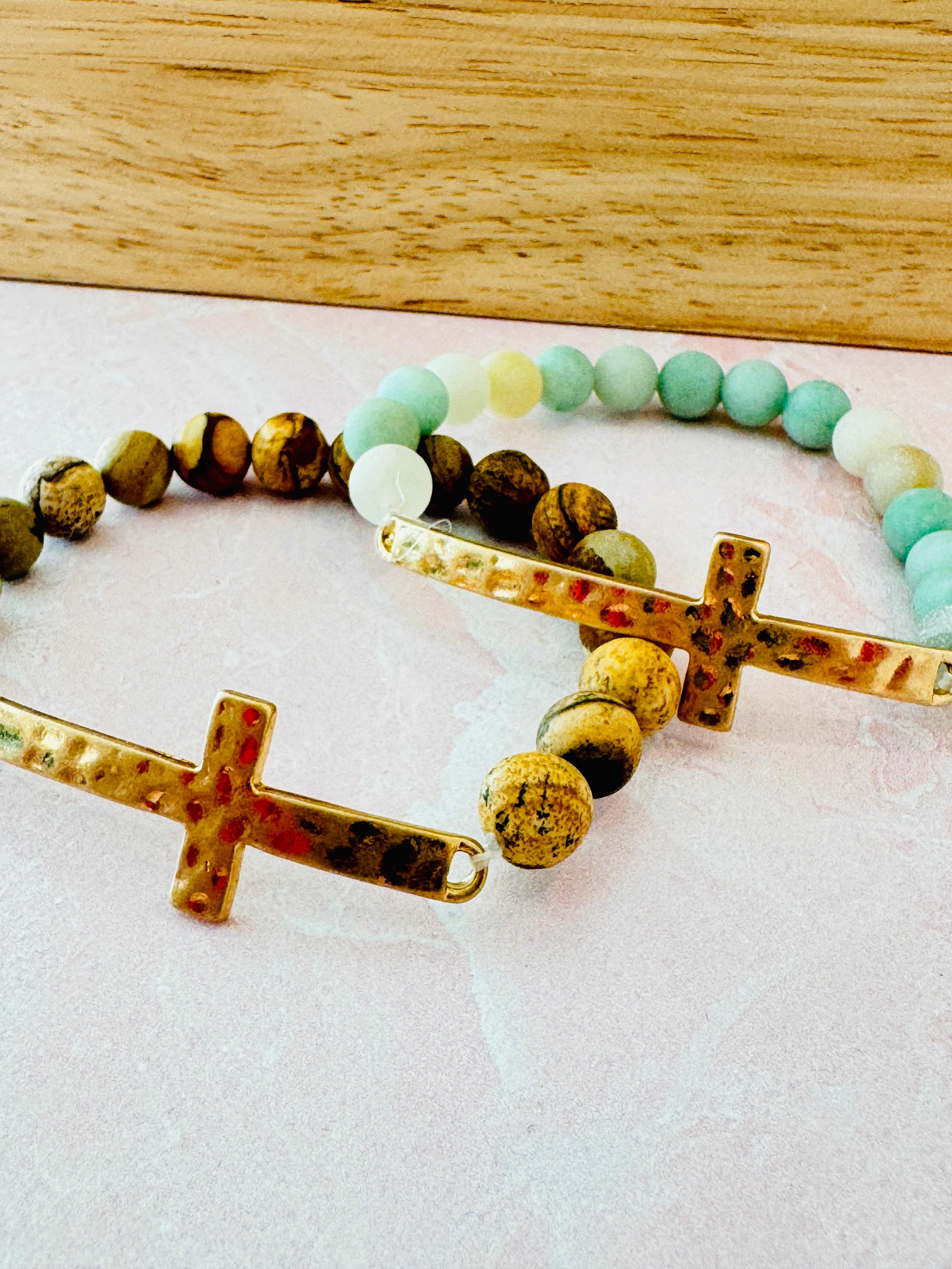 Hammered Cross Stone Bracelet