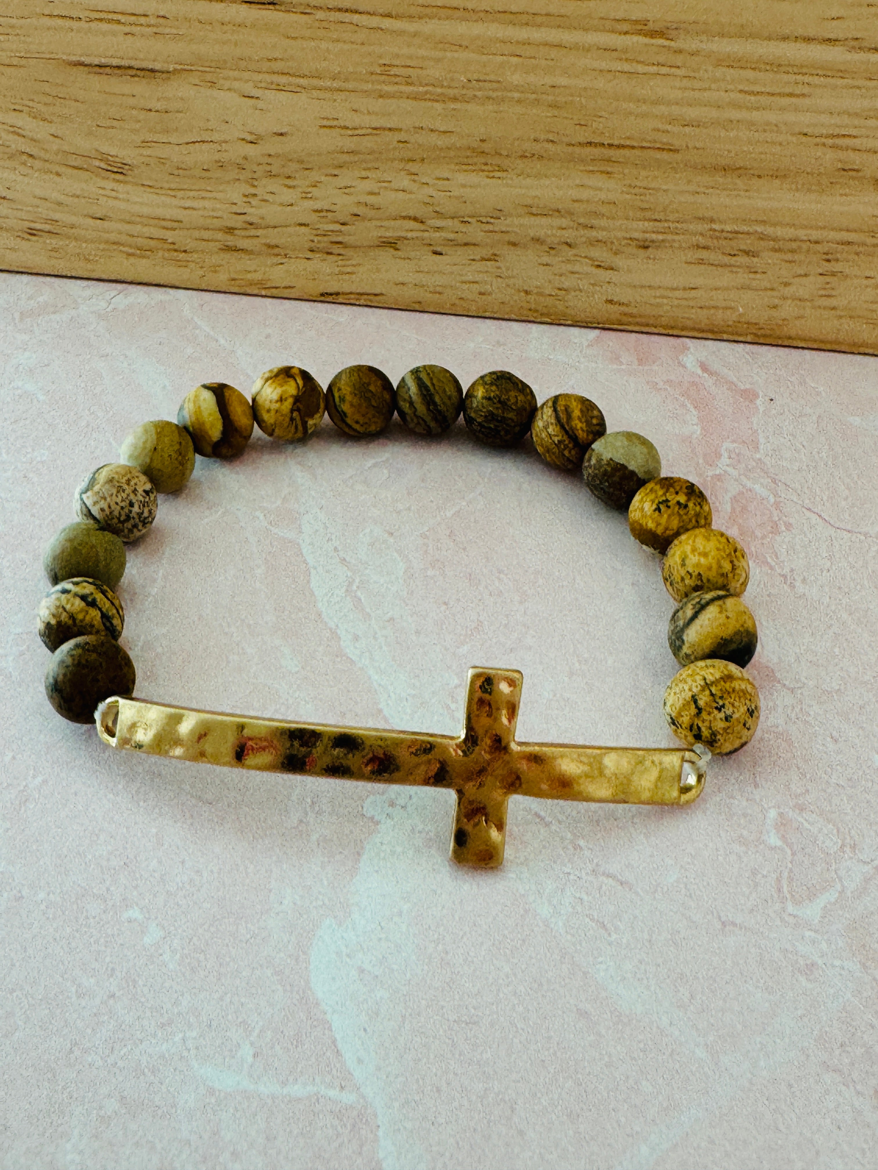 Hammered Cross Stone Bracelet