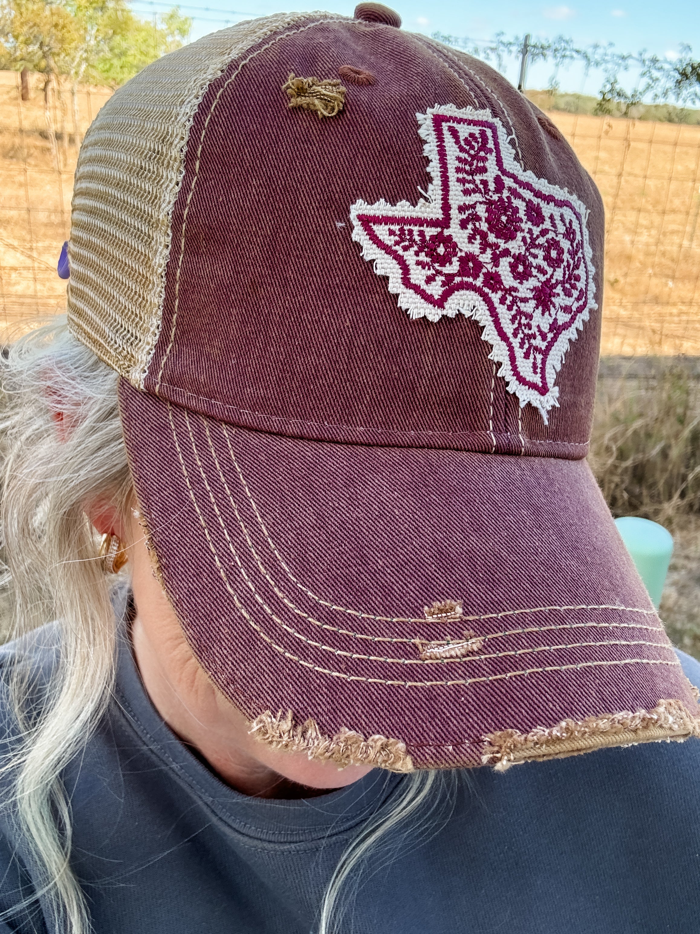 Maroon Texas Floral Trucker