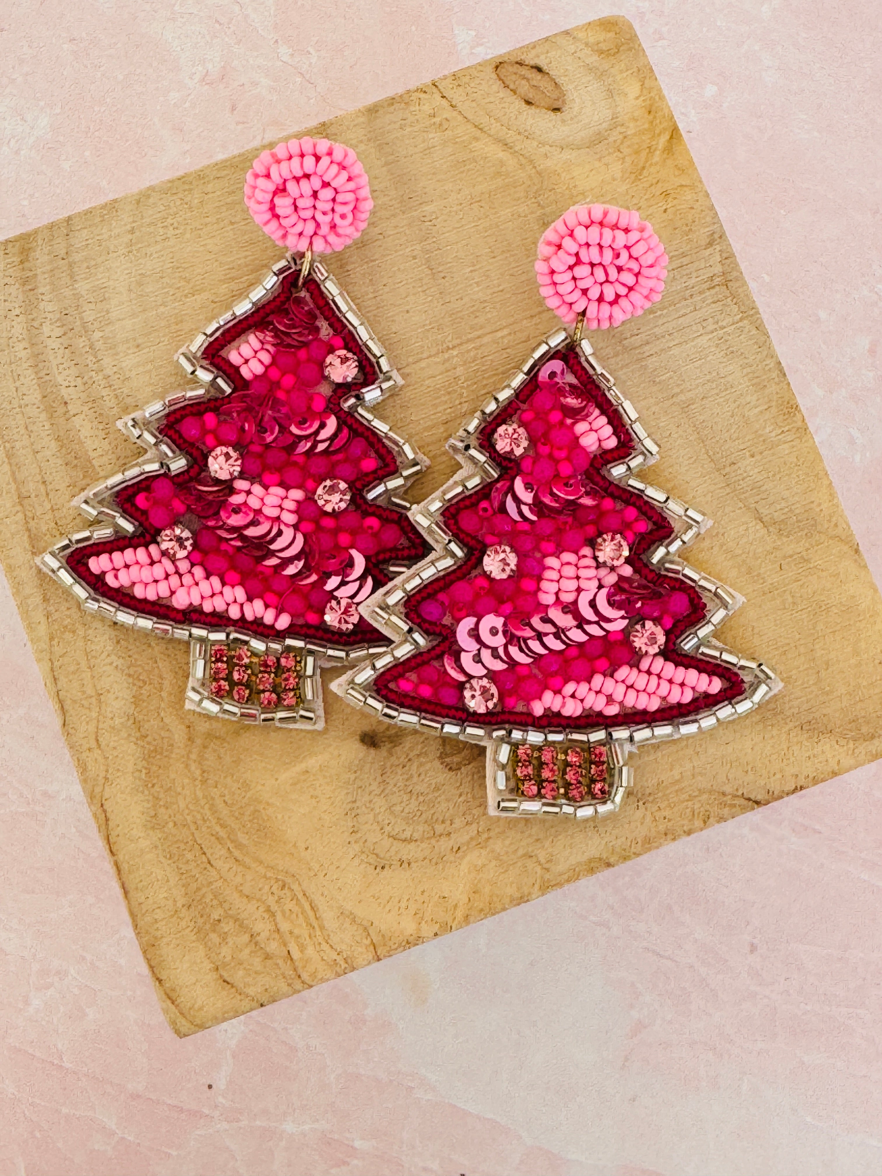 Frosted Pink Christmas Tree Earrings