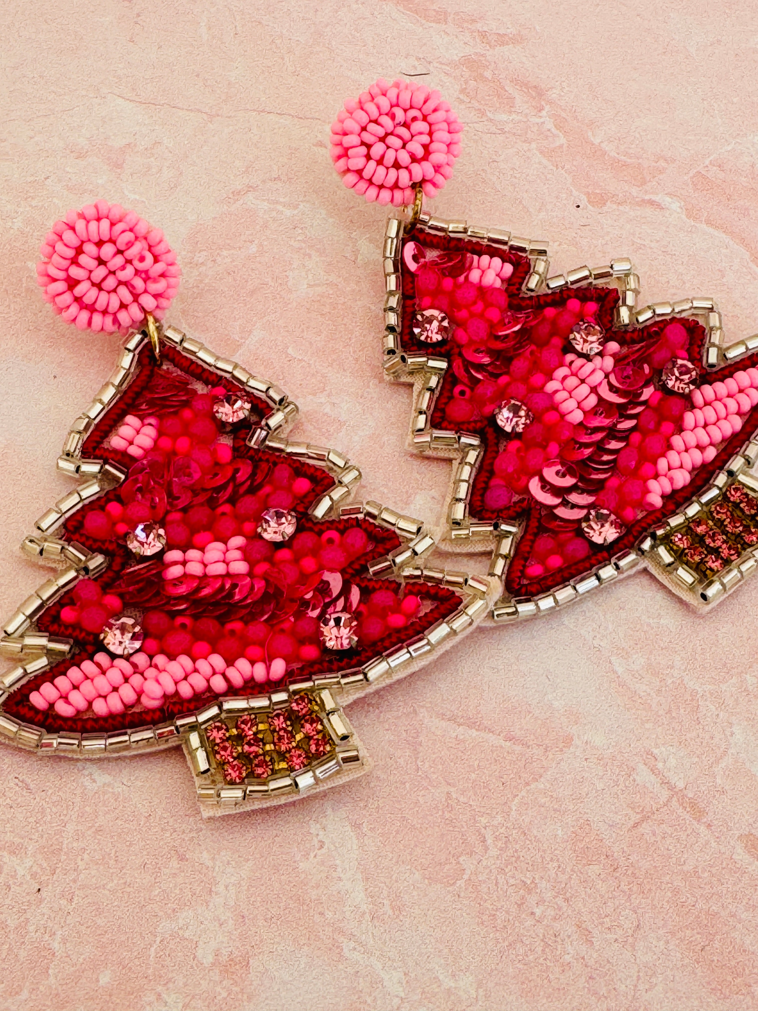 Frosted Pink Christmas Tree Earrings