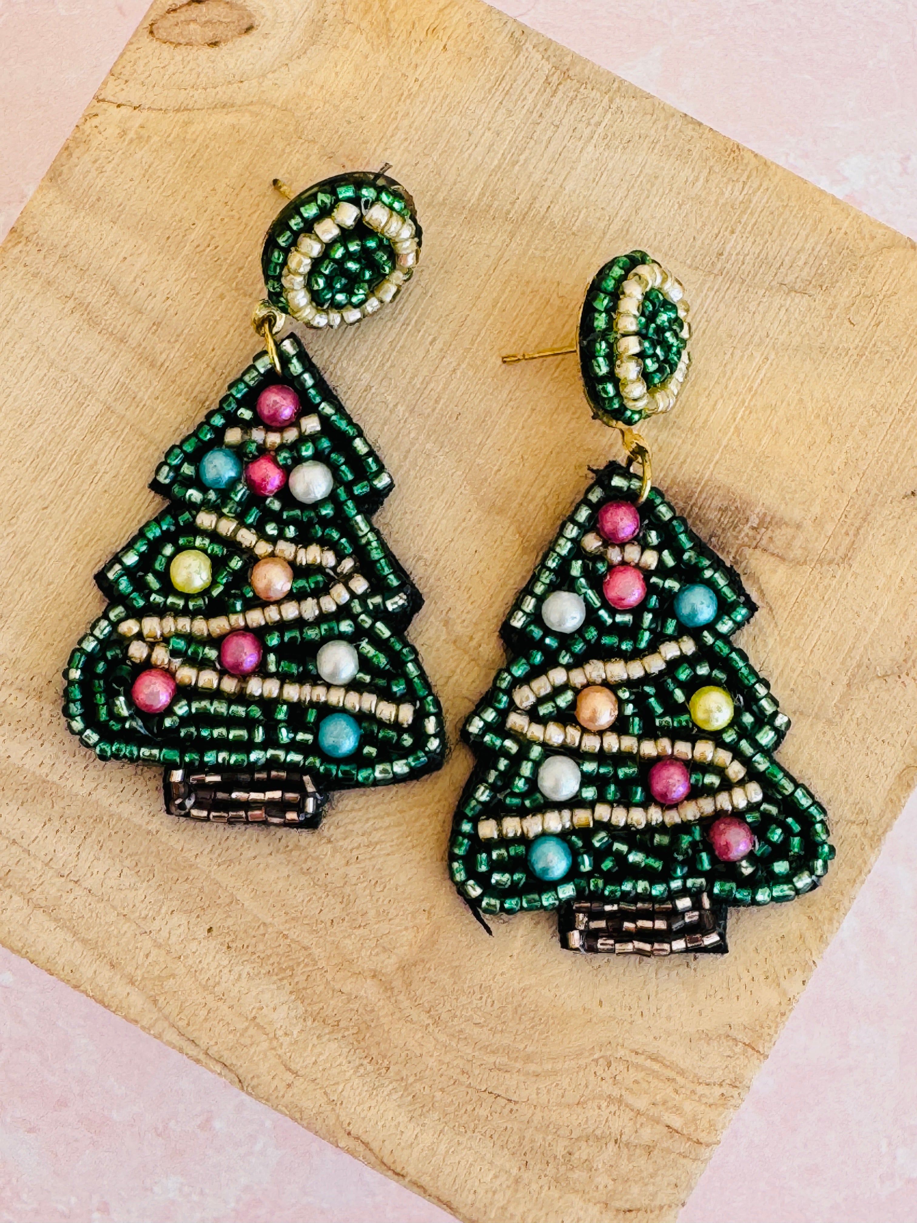 Green Festive Frost Tree Earrings