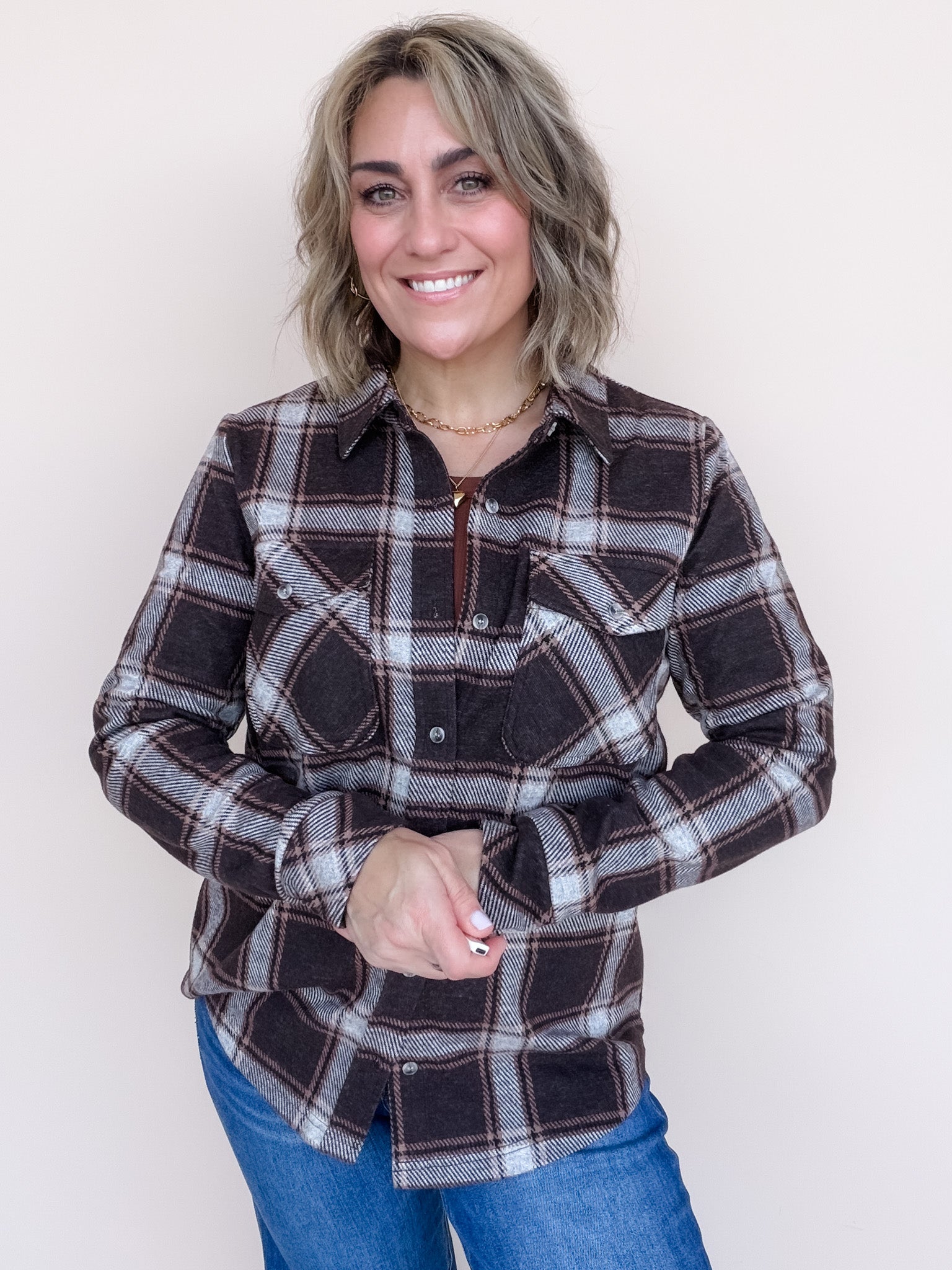 Cassie Button Down | Coffee Plaid