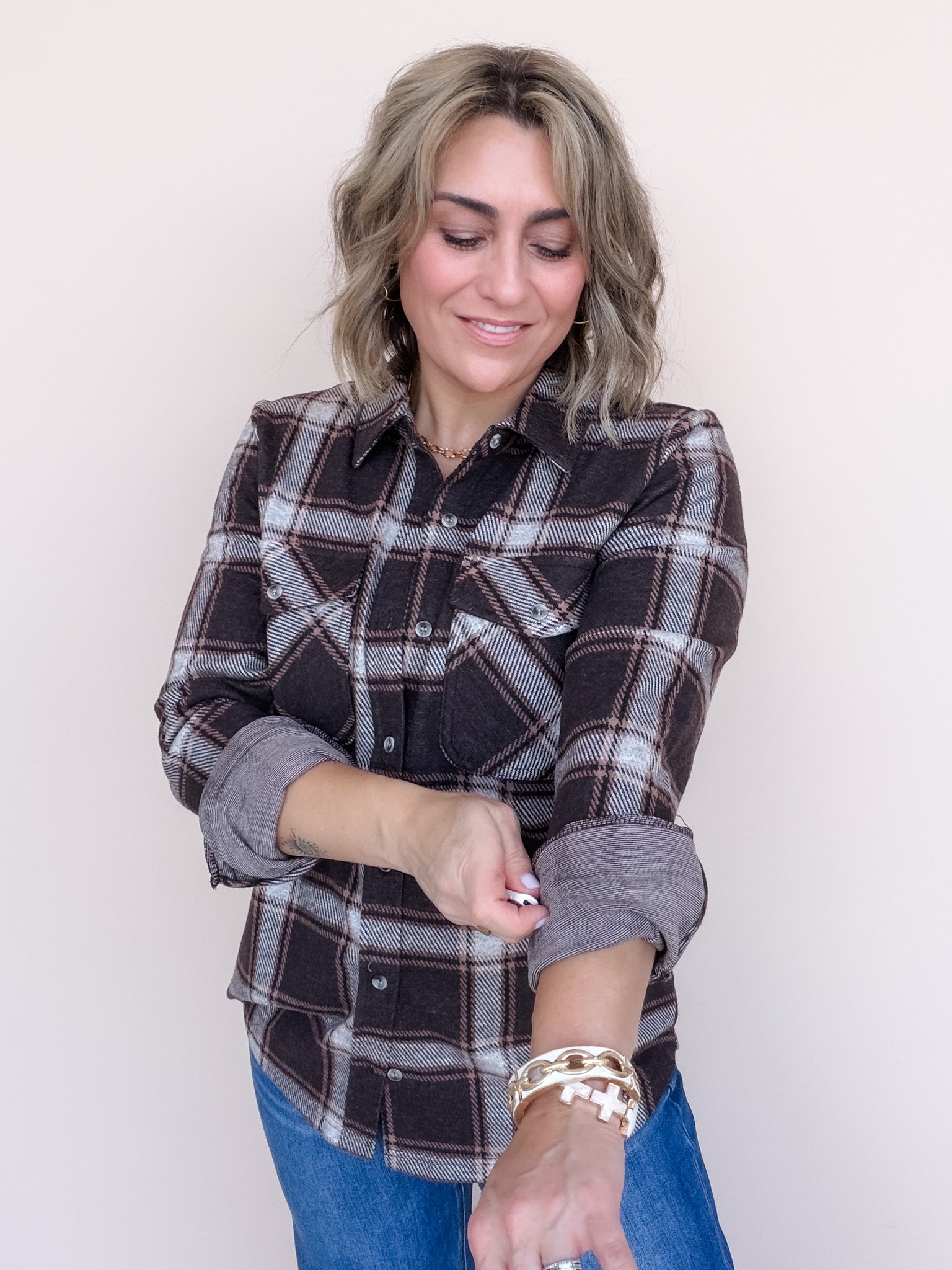 Cassie Button Down | Coffee Plaid