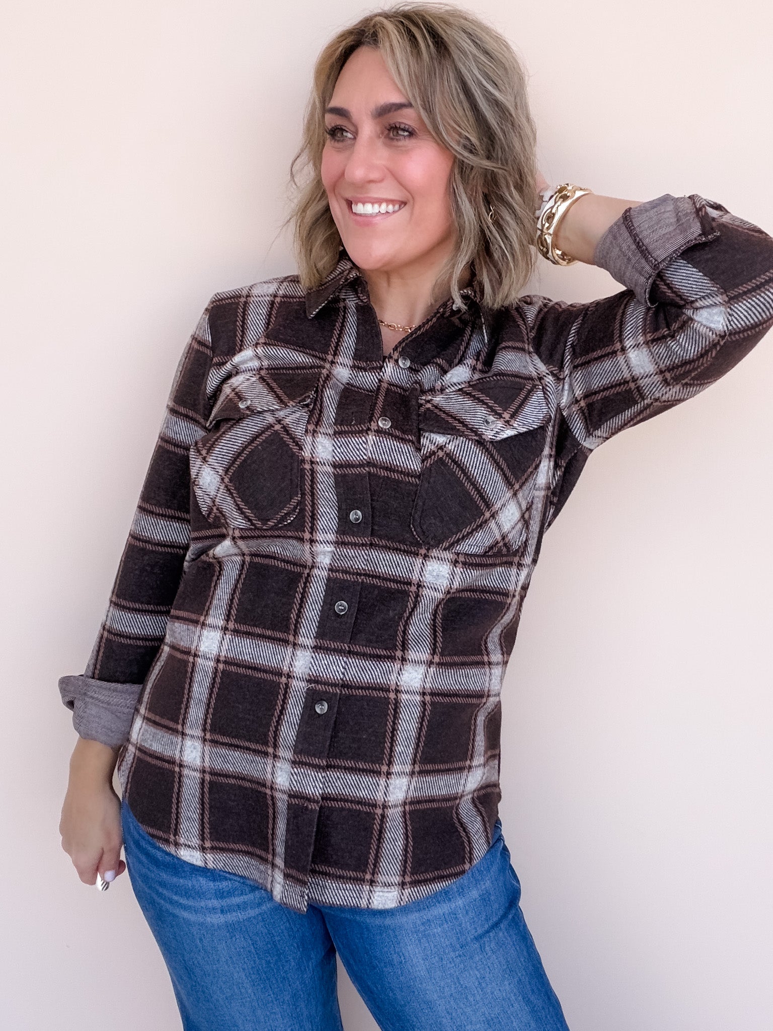 Cassie Button Down | Coffee Plaid