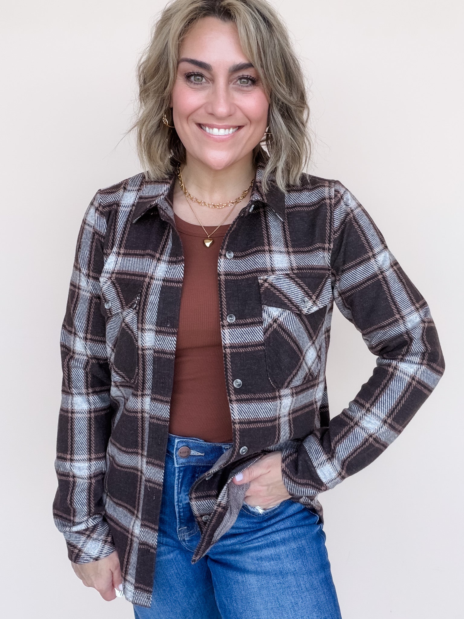 Cassie Button Down | Coffee Plaid