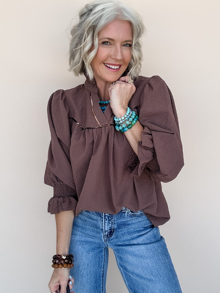 Wildwood Ruffle Top - Chocolate Brown Textured Print Top — Vintage