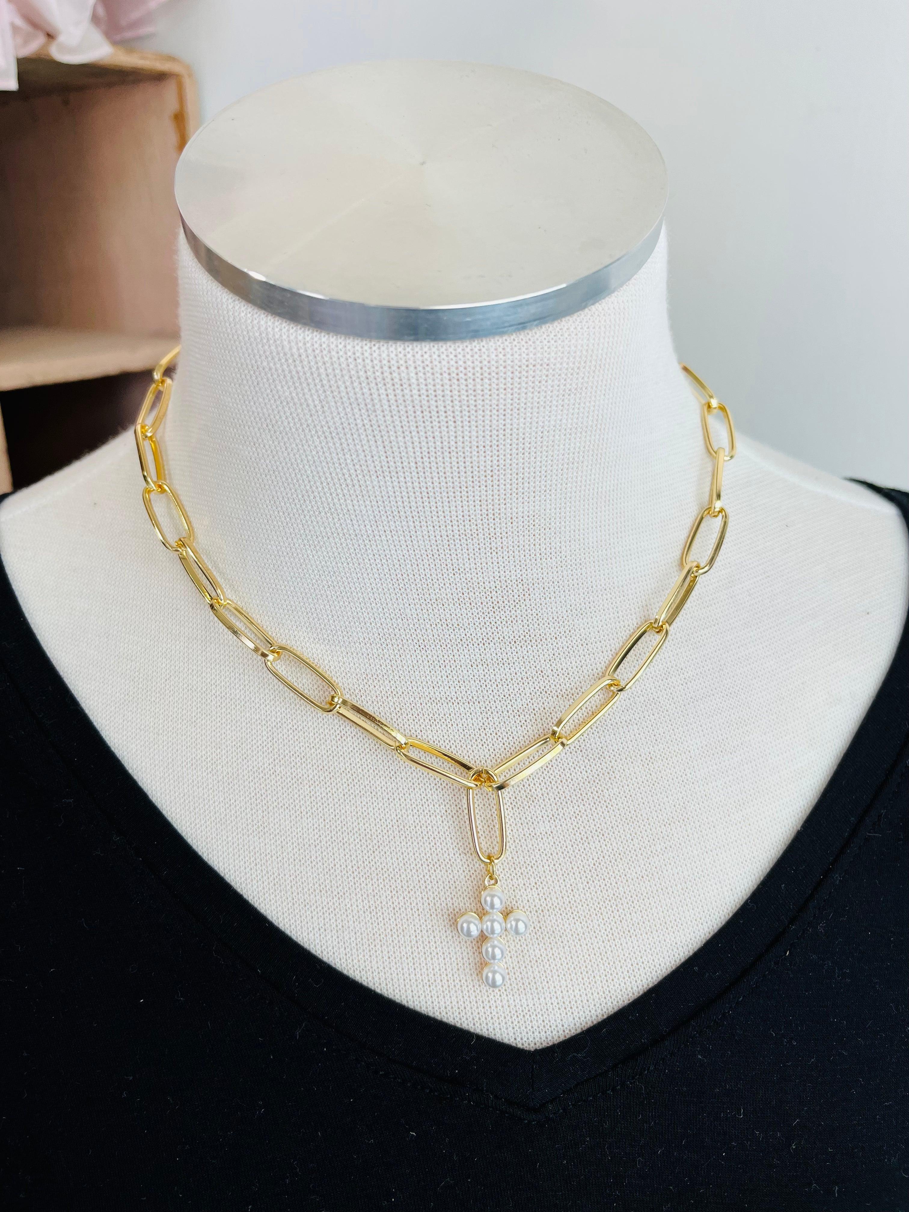 Chunky Pearl Cross Choker - Vintage Soul