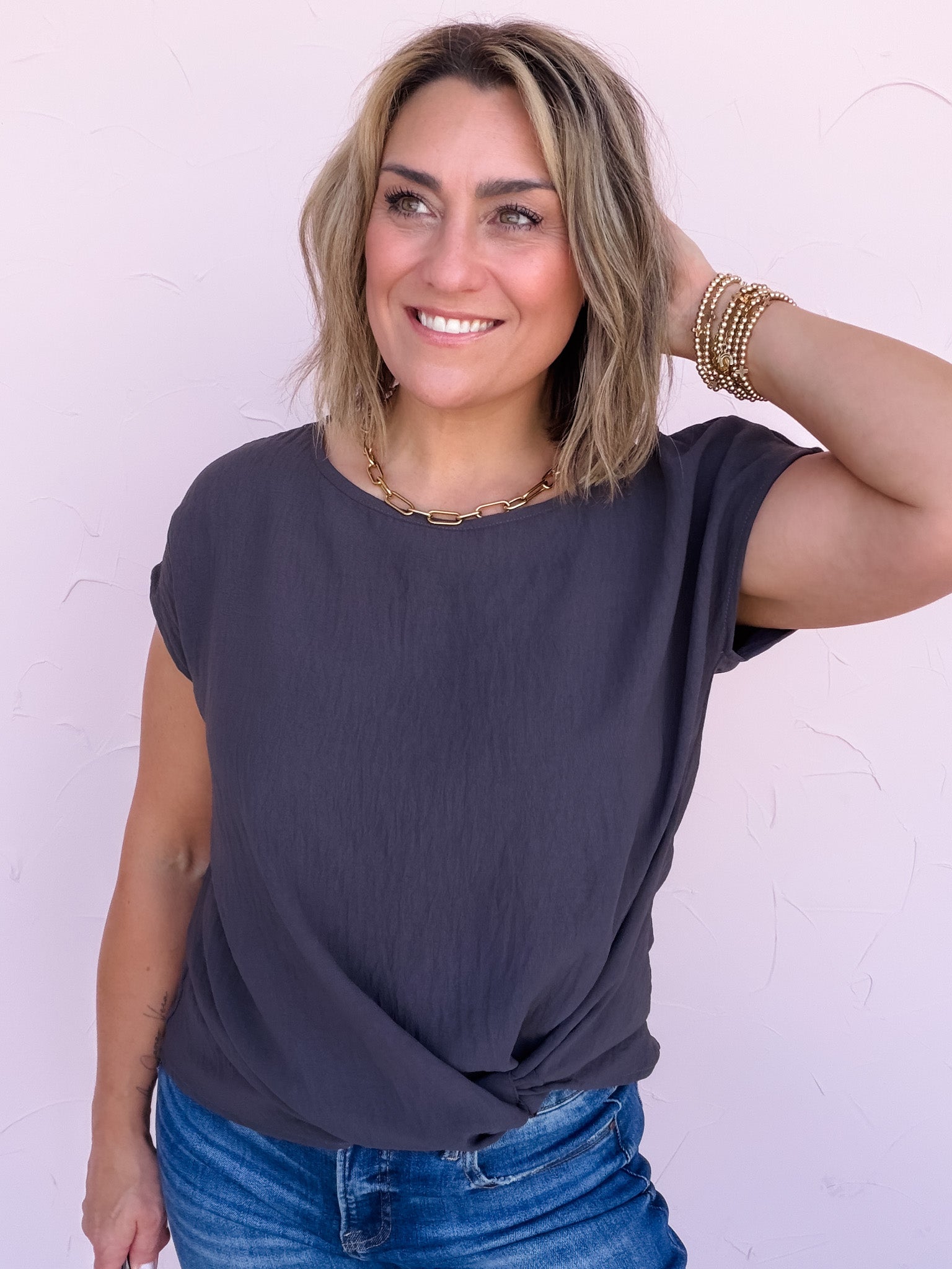 Mia Twist Hem Top | Charcoal