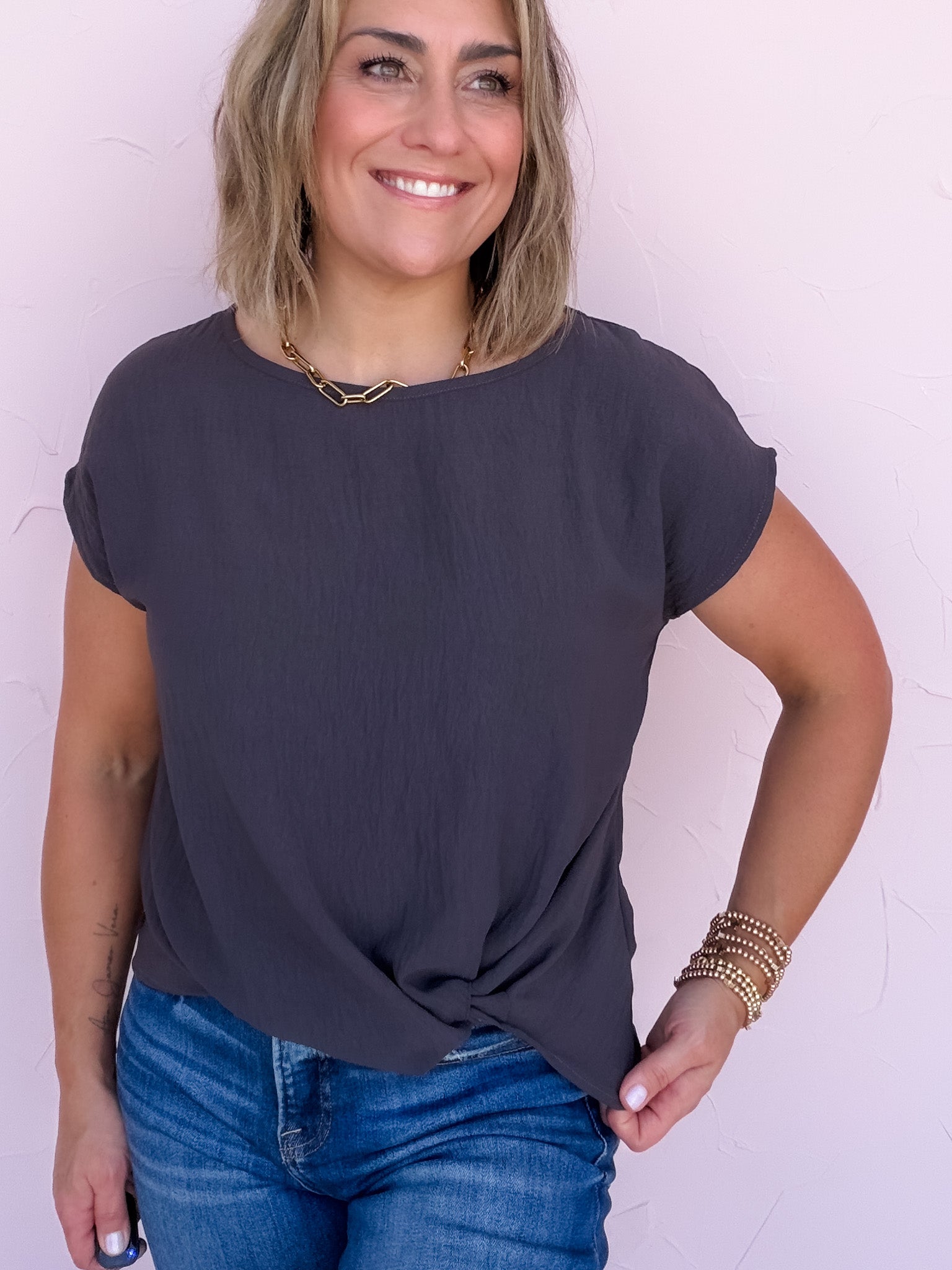 Mia Twist Hem Top | Charcoal