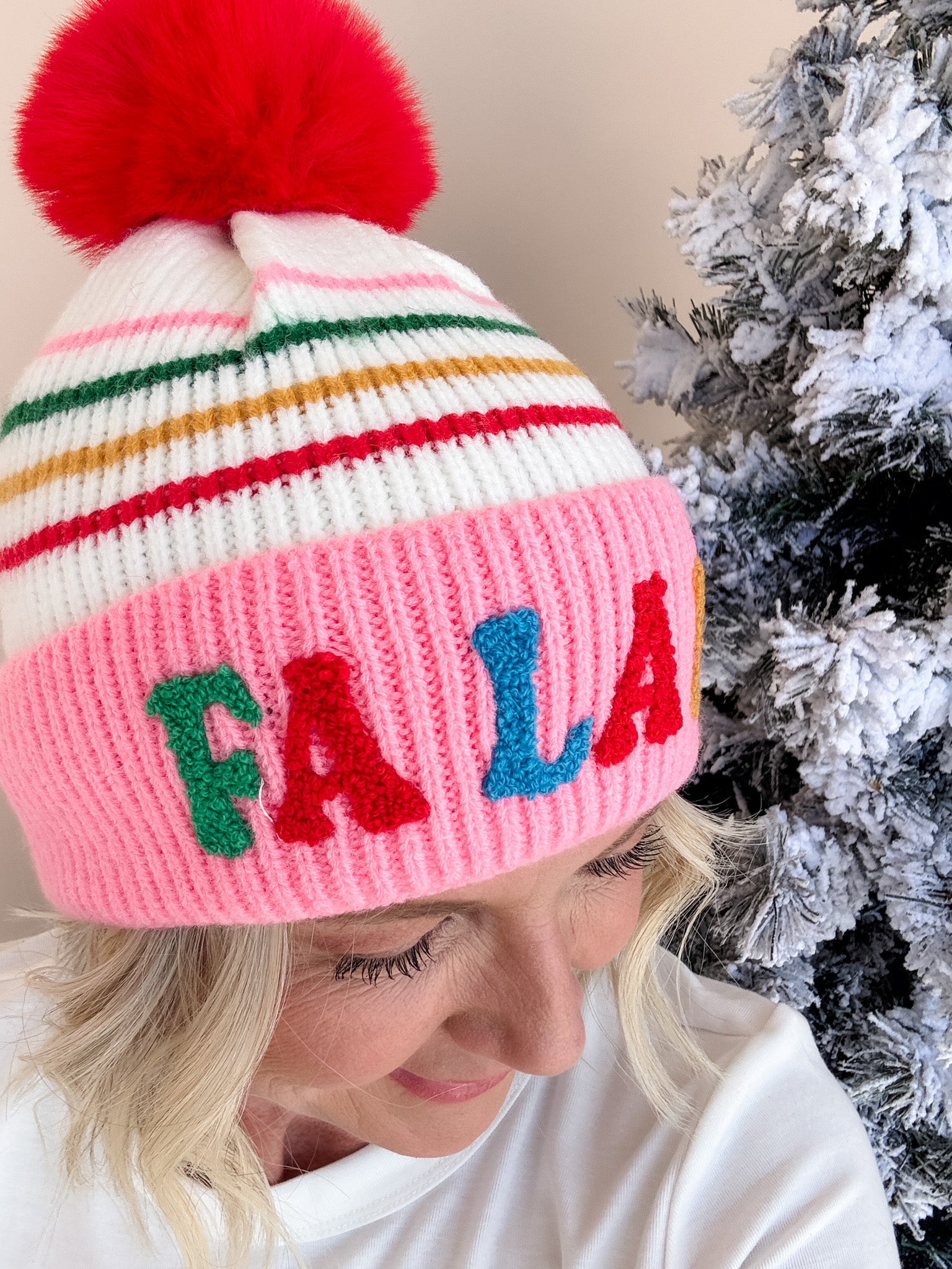 "Fa La La" Striped Beanie