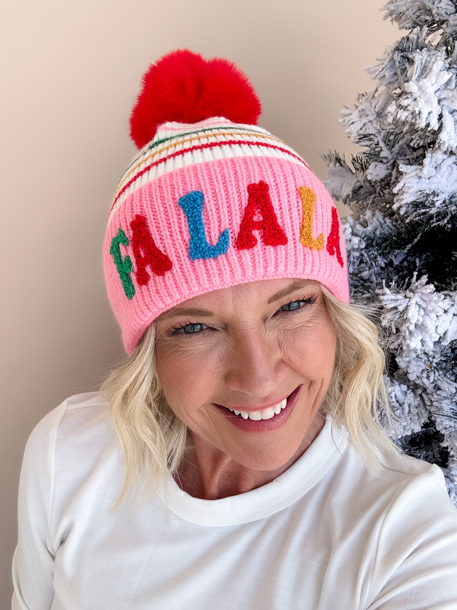 "Fa La La" Striped Beanie