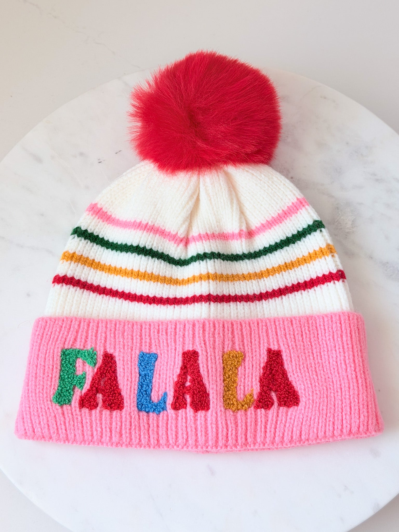 "Fa La La" Striped Beanie