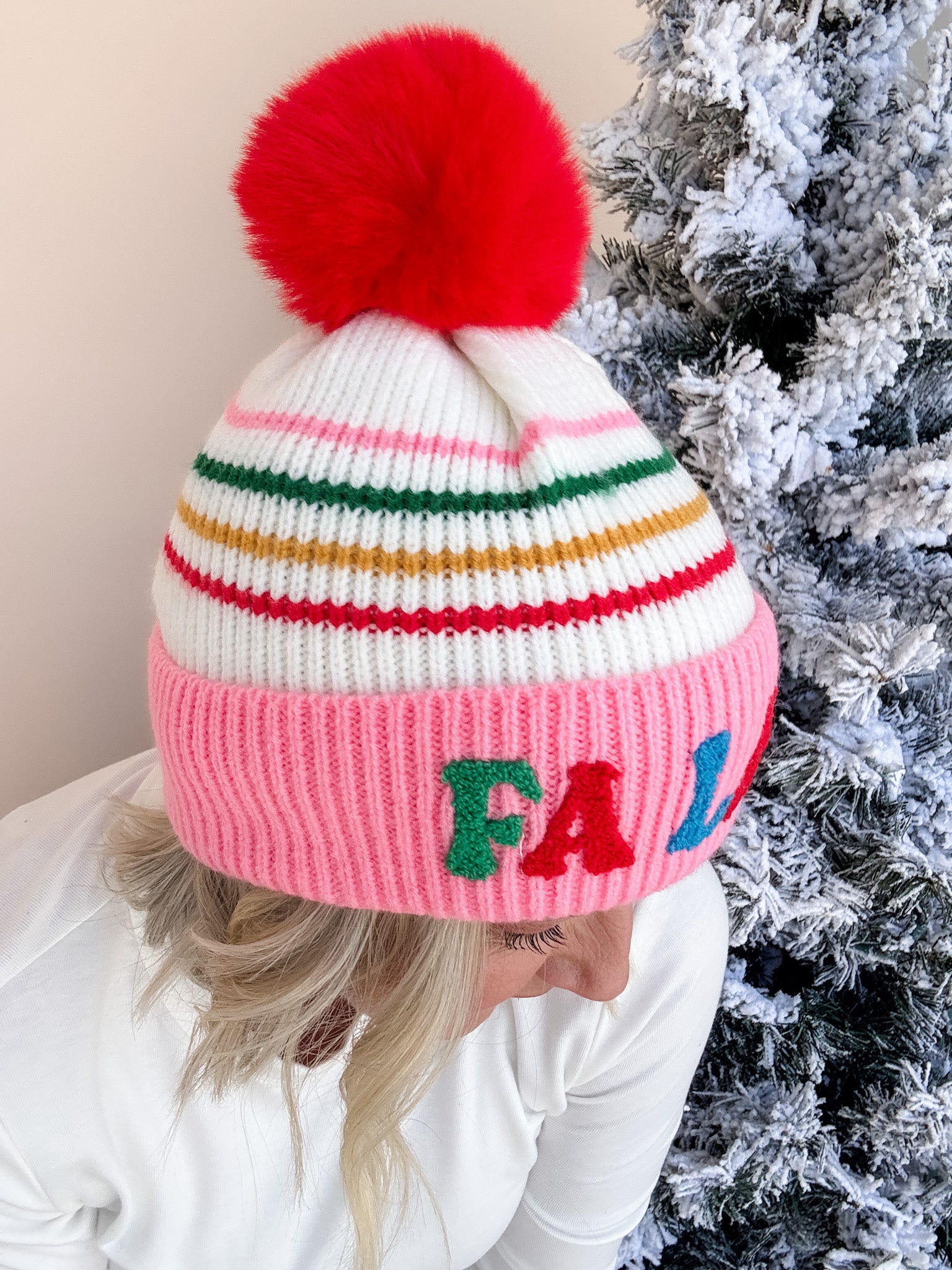 "Fa La La" Striped Beanie