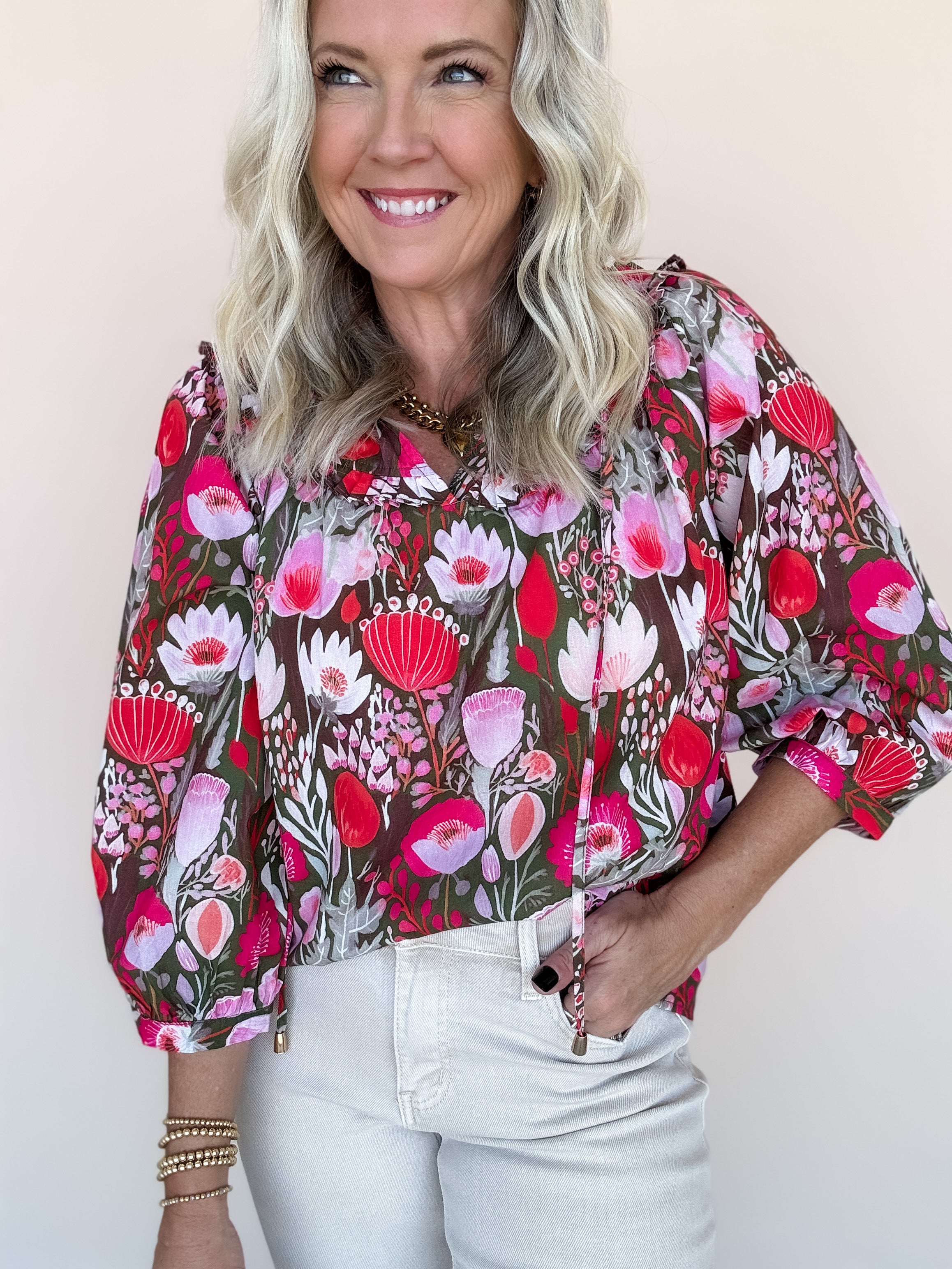 Olive Blooms Ruffle Top