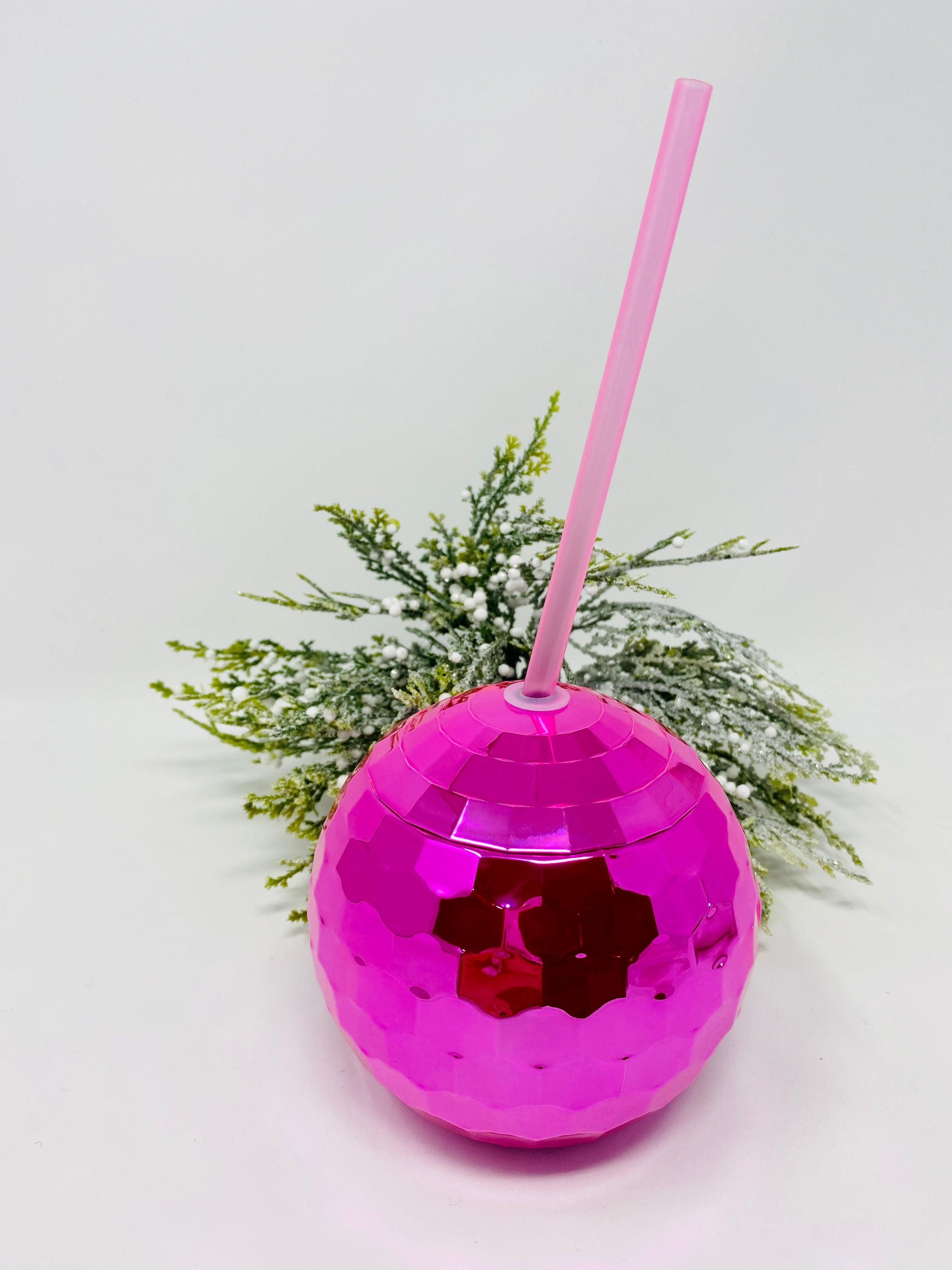 Pink Disco Ball Ball Cup with Straw