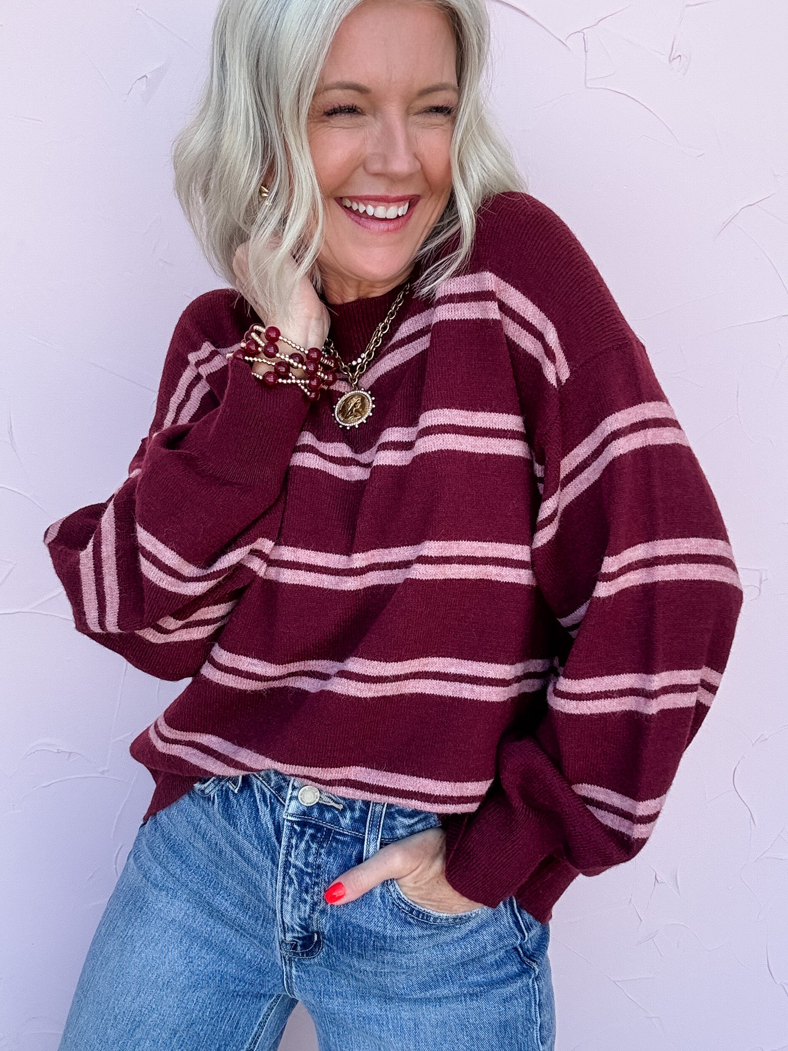 Stripe Scene Sweater | Burgundy