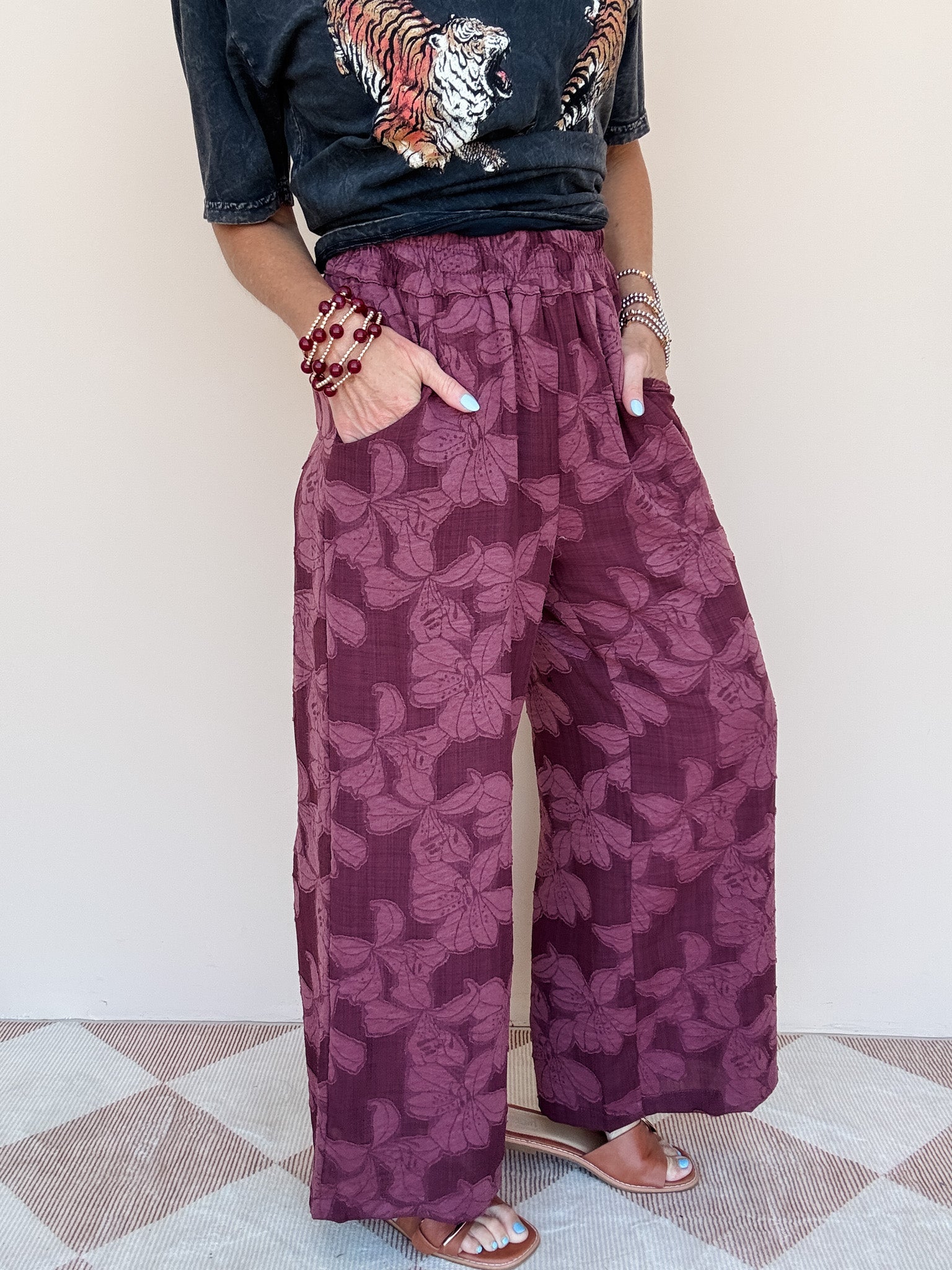 Wine Petal Wide Leg Pants