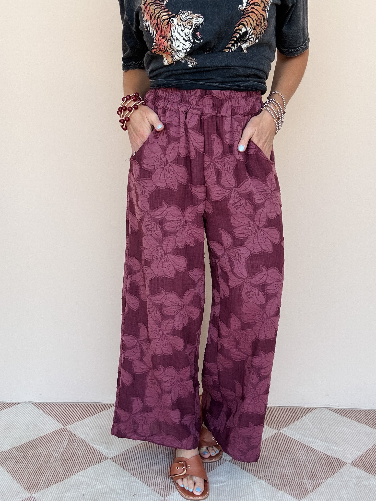 Wine Petal Wide Leg Pants