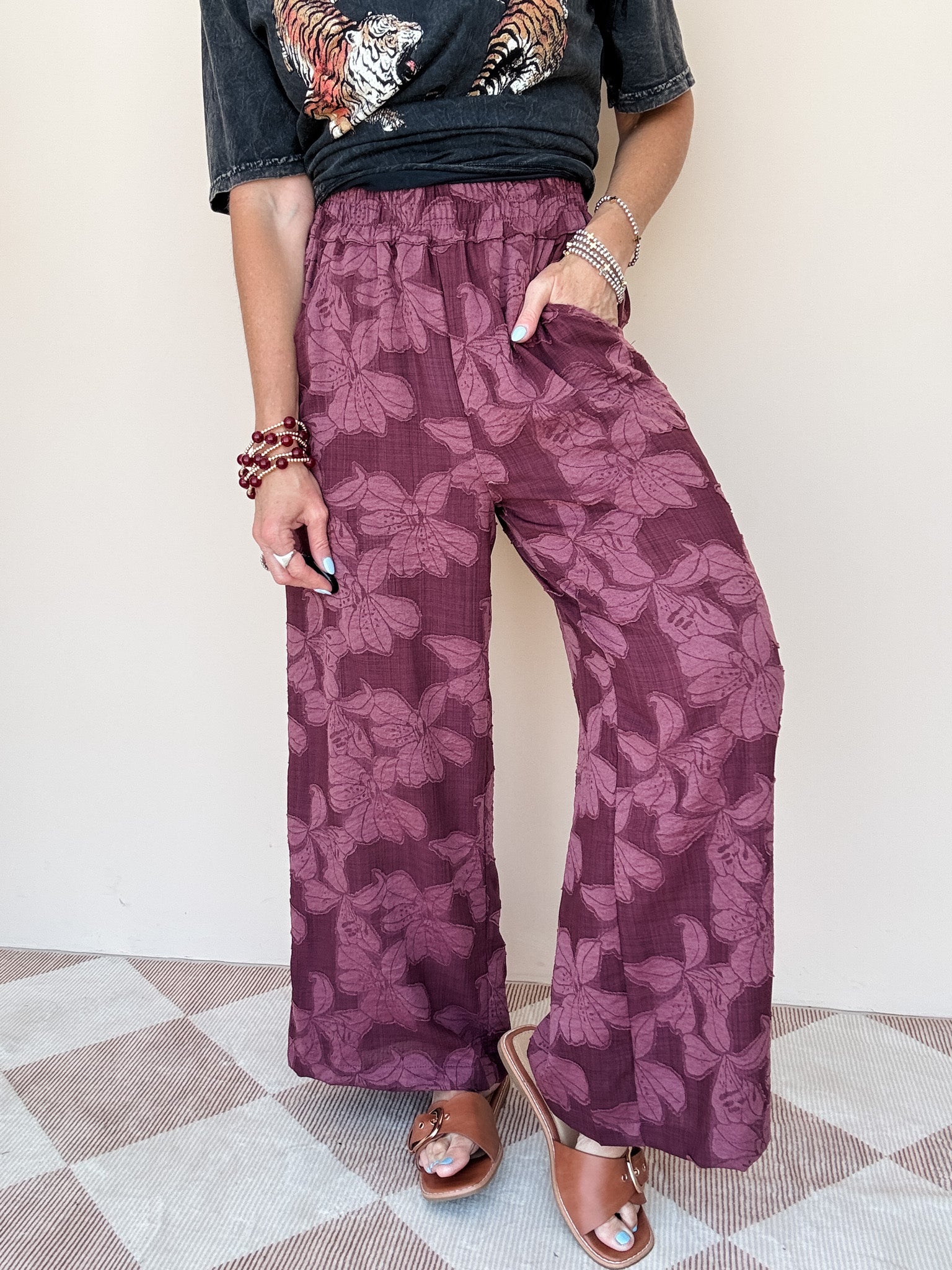 Wine Petal Wide Leg Pants