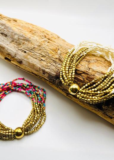 multi row beaded bracelet with gold ball detail