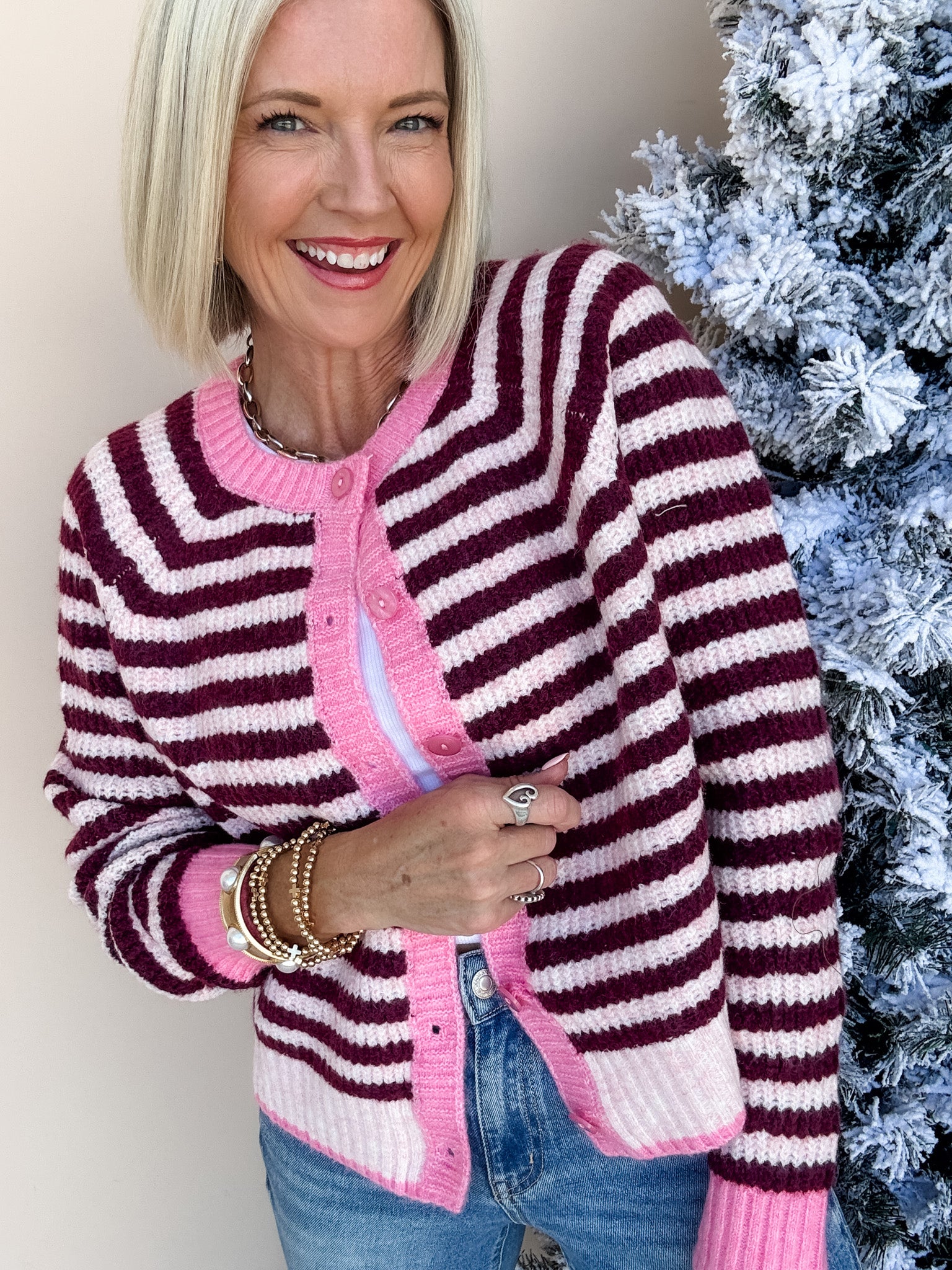 Sunday Stripe Cardigan | Pink/Wine