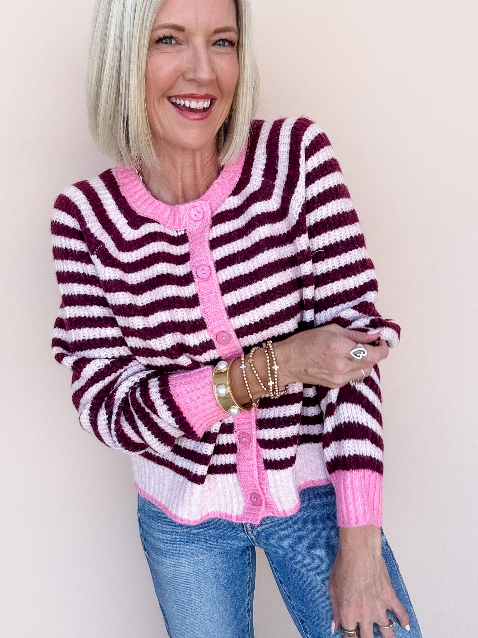 Sunday Stripe Cardigan | Pink/Wine