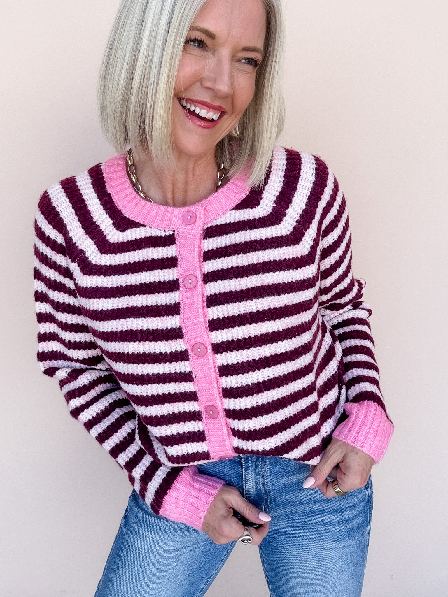 Sunday Stripe Cardigan | Pink/Wine