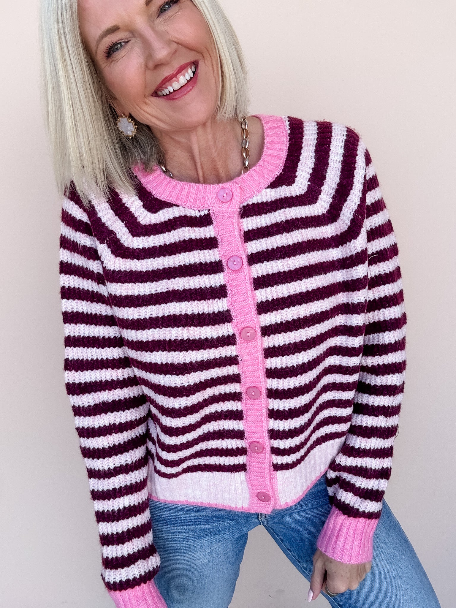 Sunday Stripe Cardigan | Pink/Wine
