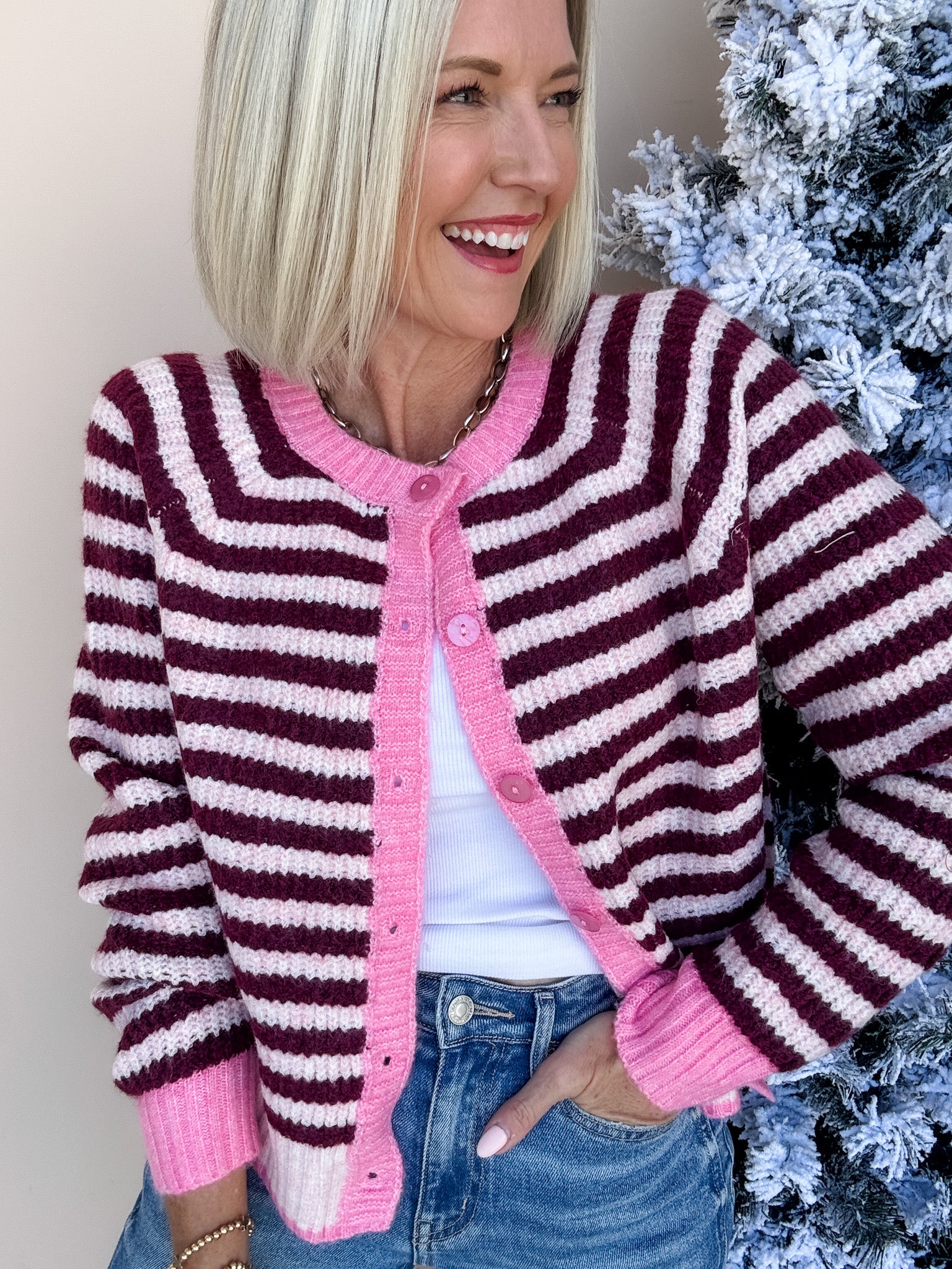 Sunday Stripe Cardigan | Pink/Wine