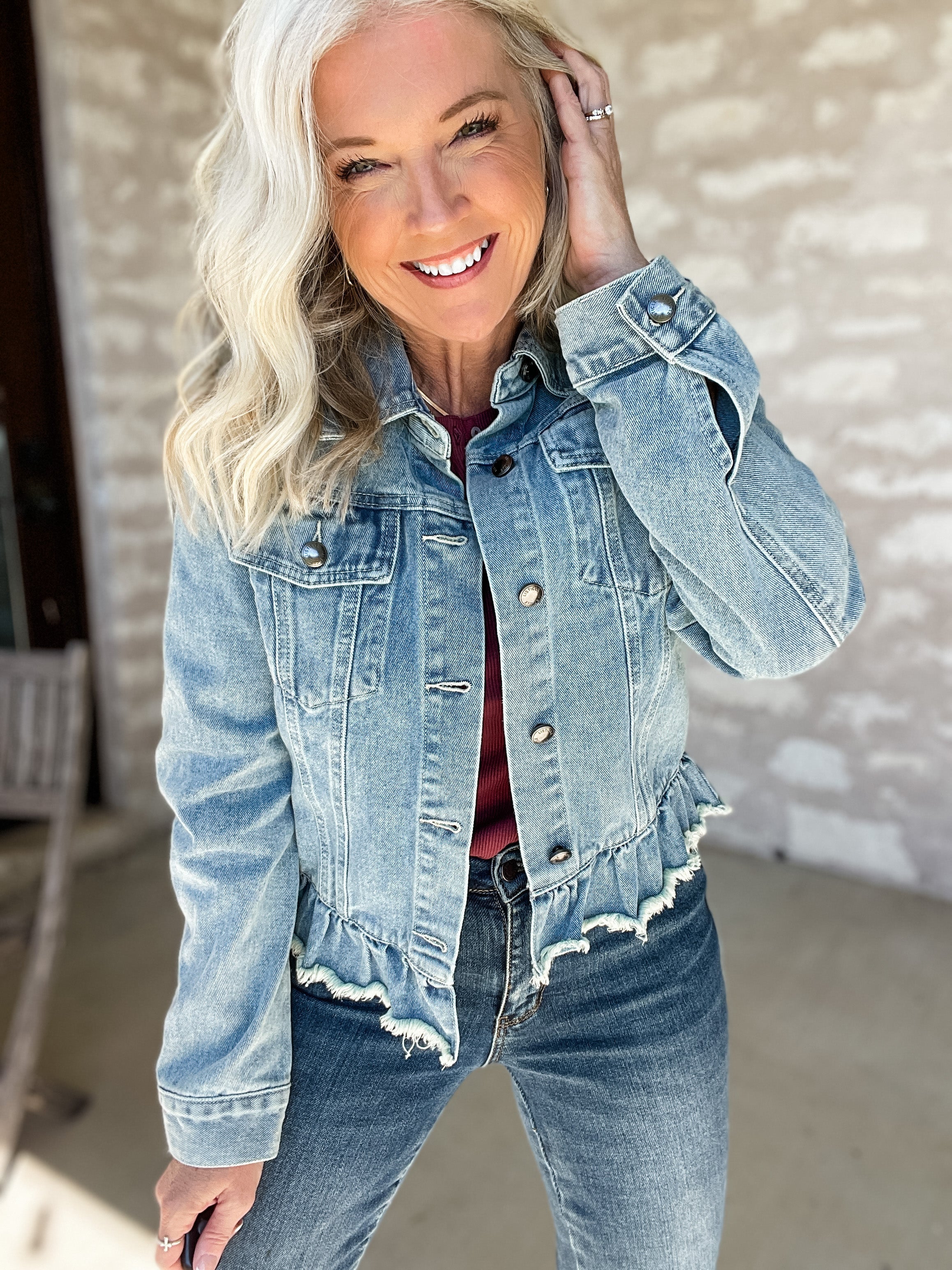 Denim Ruffle Jacket with Patches – Honeysuckle Rose Boutique
