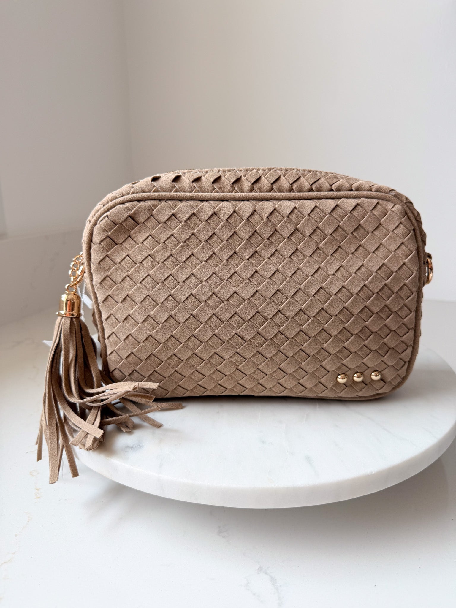 Suede Woven Willow Camera Crossbody Bag
