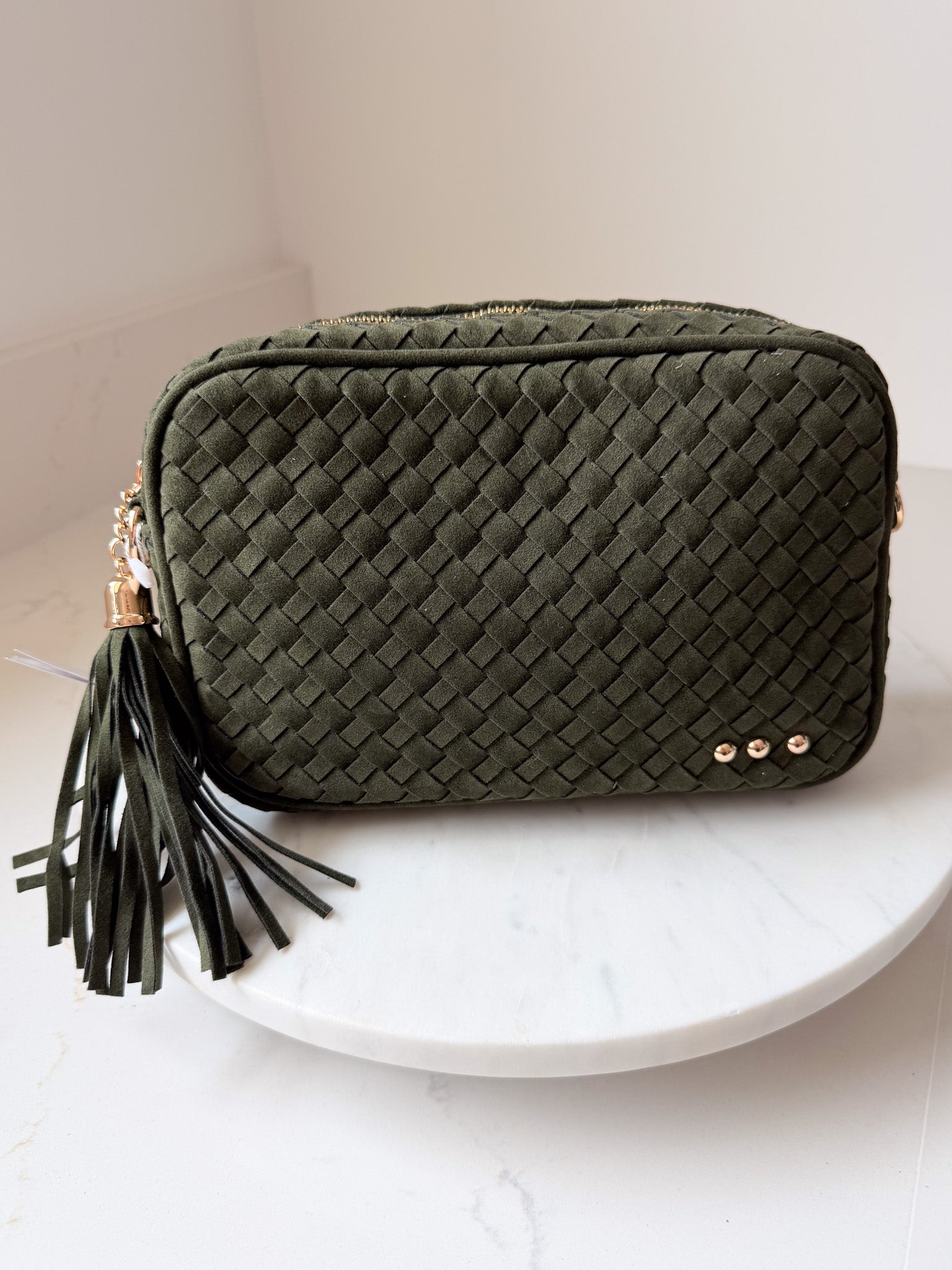 Suede Woven Willow Camera Crossbody Bag