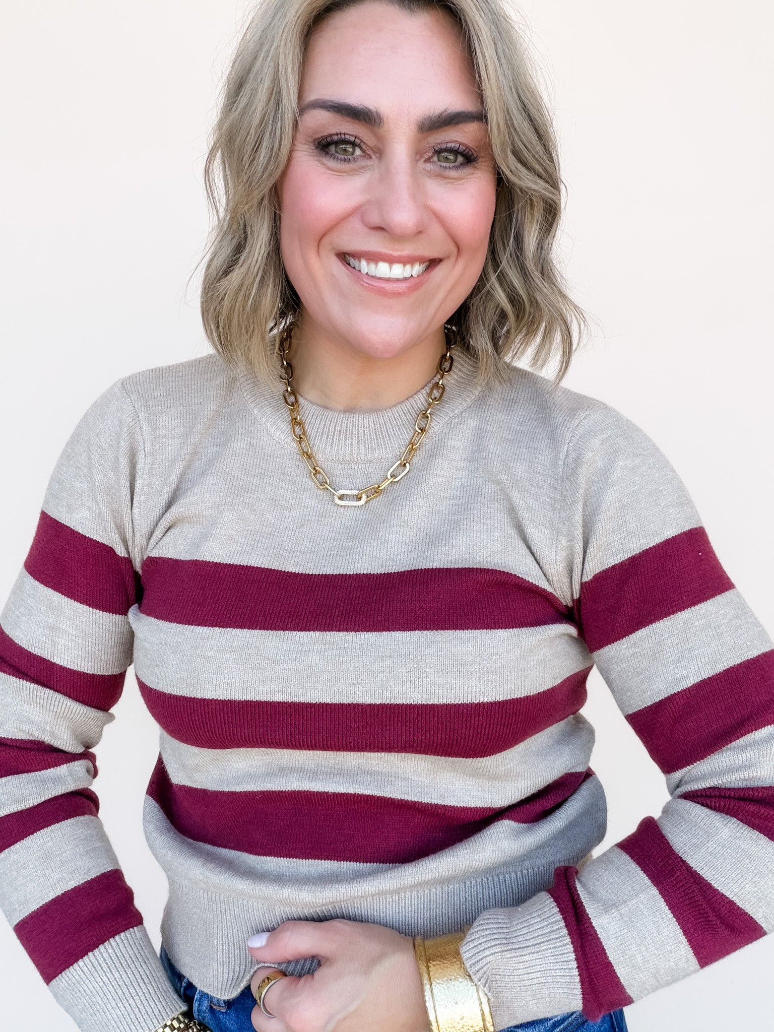 Norah Striped Sweater | Wine/Taupe