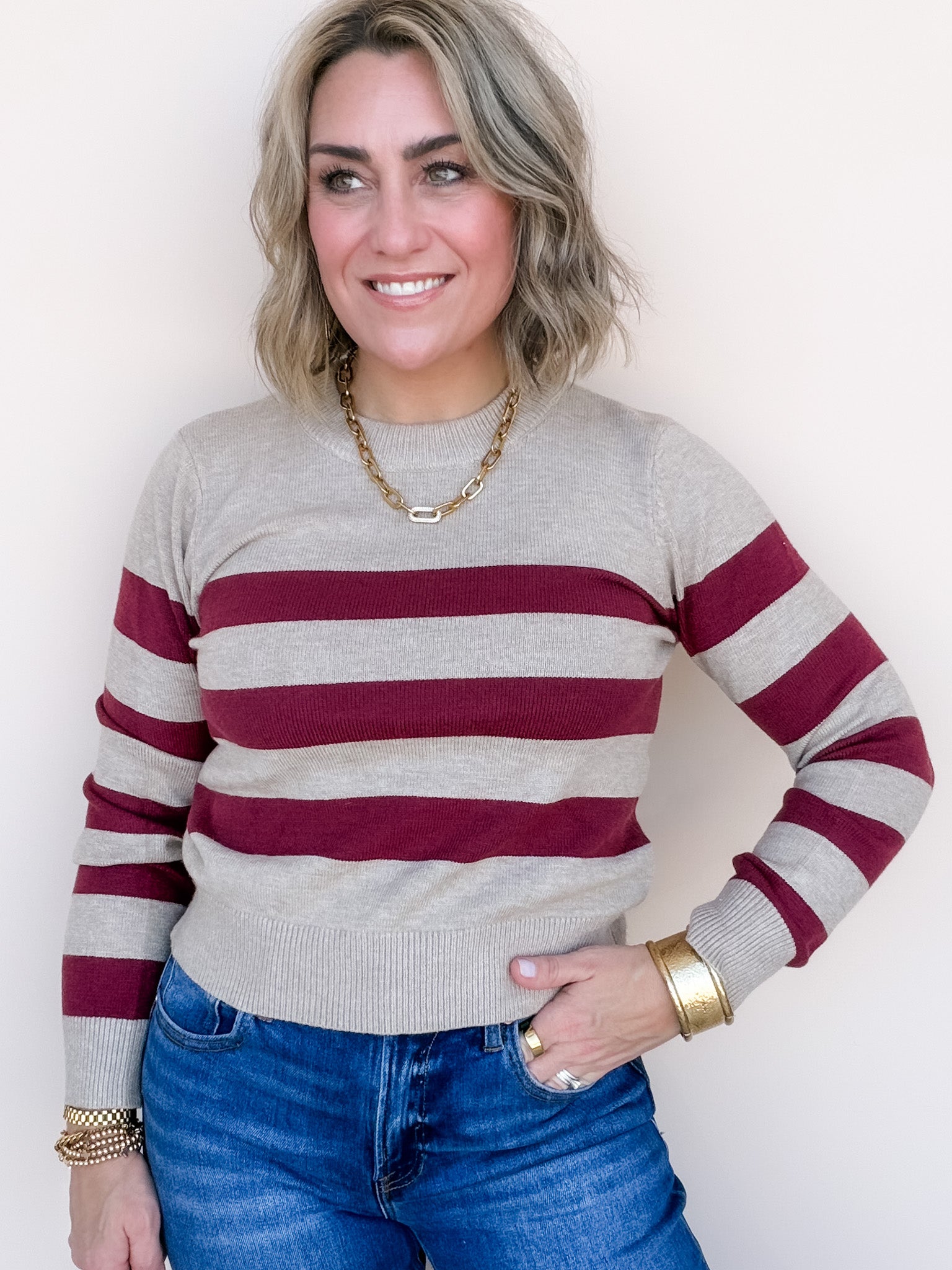 Norah Striped Sweater | Wine/Taupe