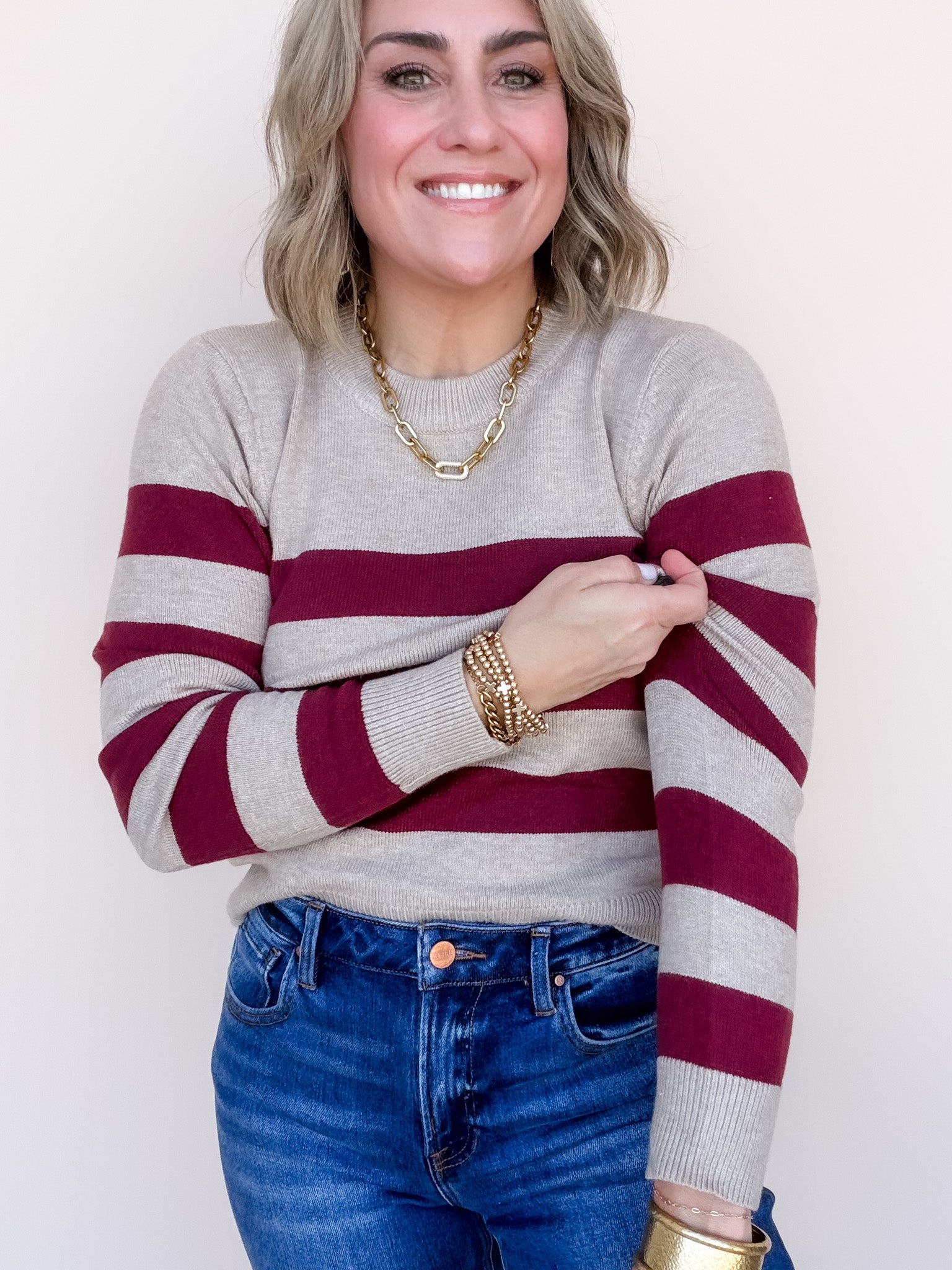 Norah Striped Sweater | Wine/Taupe