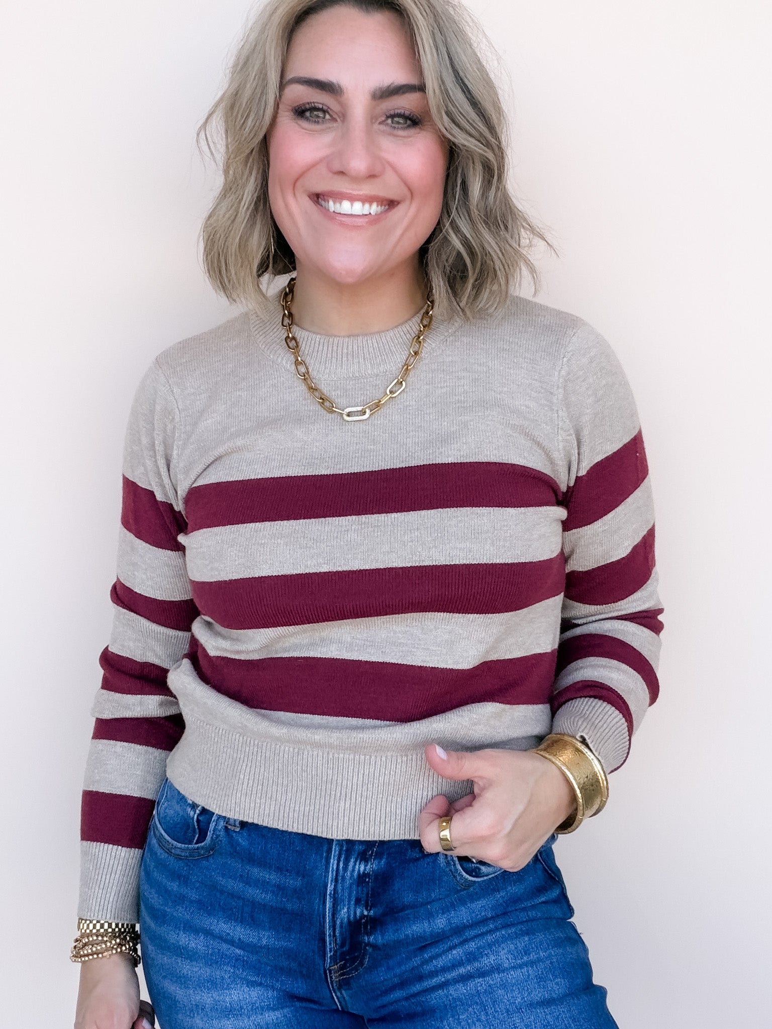 Norah Striped Sweater | Wine/Taupe
