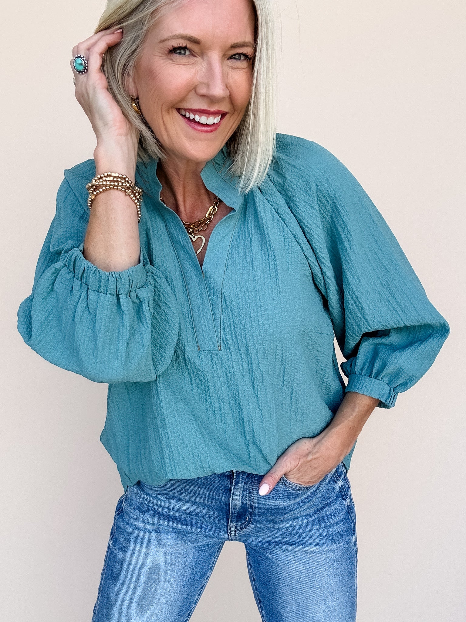 Golden Thread Top | Deep Teal